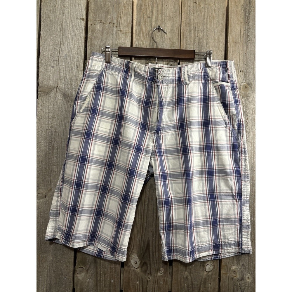 BKE Weatherby Slim Fit Plaid Shorts Mens 33 Cotton Red White‎ Blue Cargo Casual